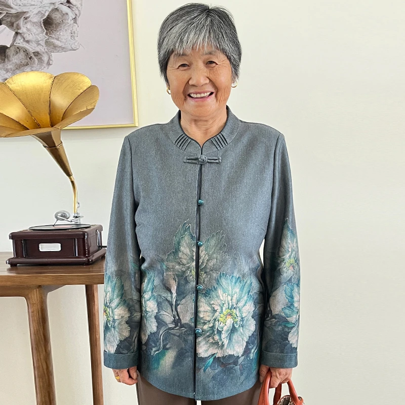 奶奶装秋装长袖洋气外套中老年妈妈洋气新中式国风薄款衬衫上衣服