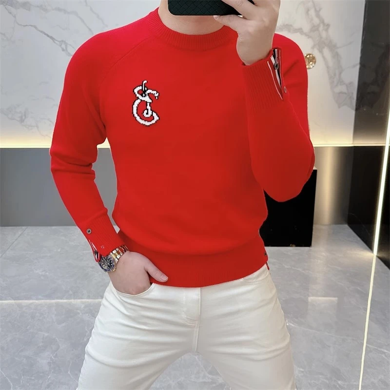 2025春秋款简约百搭圆领套头针织衫网红修身帅气长袖毛衣男打底衫