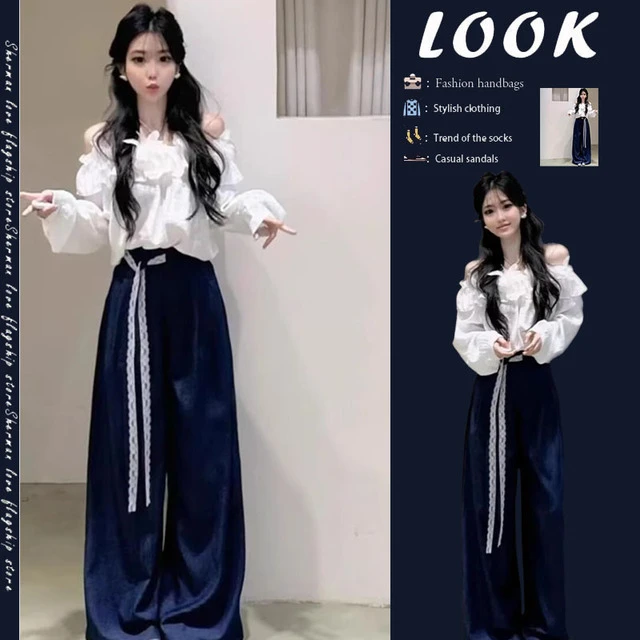 韩系chic立体花一字肩白色衬衫2025春秋高腰显瘦阔腿裤两件套装女