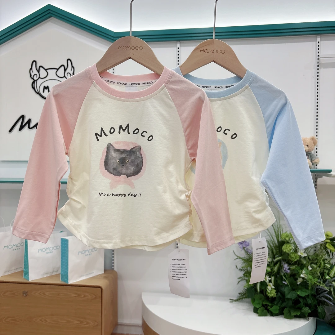 MOMOCO女童秋季儿童时尚可爱卡通猫咪印花拼色长袖T恤77730235023