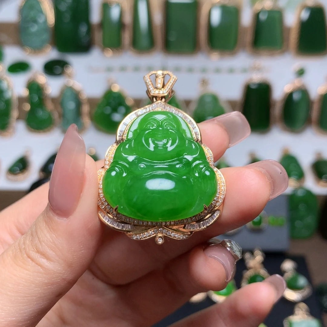 和田玉（碧玉）吊坠18K金镶嵌