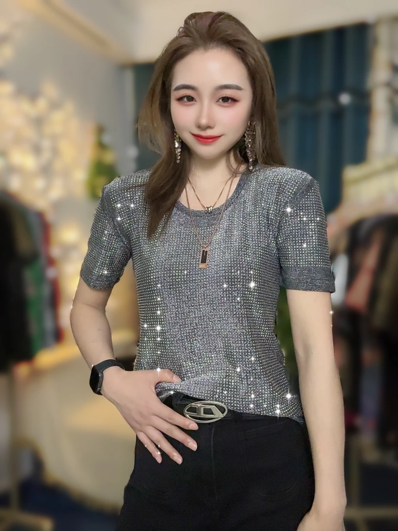 【夏季新款】满天星欧货亮钻性感显瘦时尚洋气重工烫钻T恤短袖女