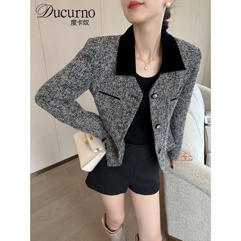 DUCURNO花灰色翻领小香风西装女春秋2025新款高级感通勤收腰外套