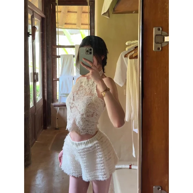 微透蕾丝纯欲弹力修身显瘦上衣辣妹挂脖吊带背心半身裙短裙两件套