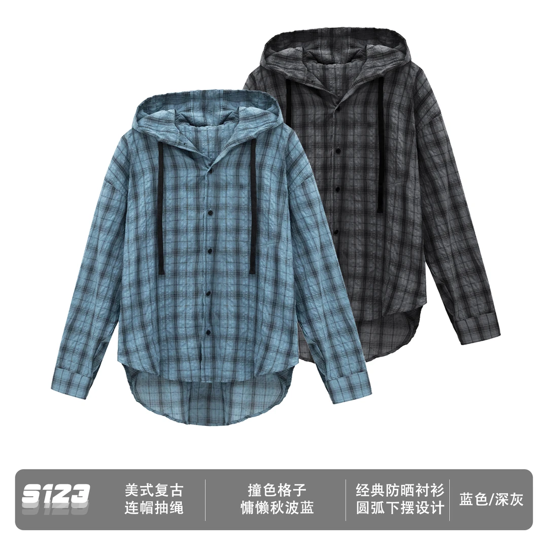 S123 【慵懒秋波蓝】轻薄透气连帽长袖撞色格子防晒衬衫男外套开衫