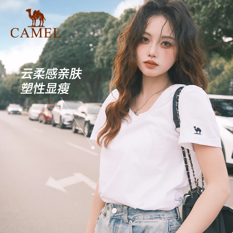 骆驼夏日短袖t恤女白色25新款打底衫慵懒风V领纯棉运动上衣6034