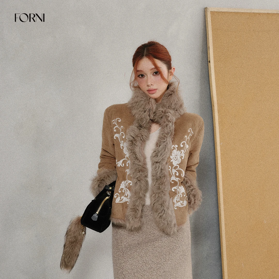 FORNI 瑞雪丰年 新中式手工刺绣羊毛麂皮外套