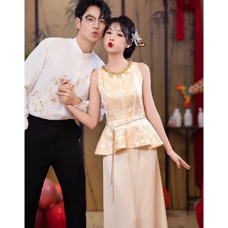 朵琳新中式订婚晨袍新娘敬酒服高级感缎面回门晚礼服香槟色酒红色