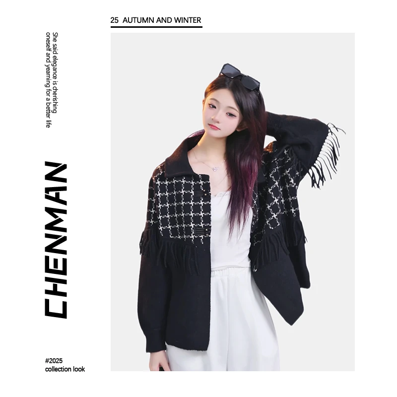【CHENMAN】格子长袖风格外套蕾丝开衫夹克设计师外套
