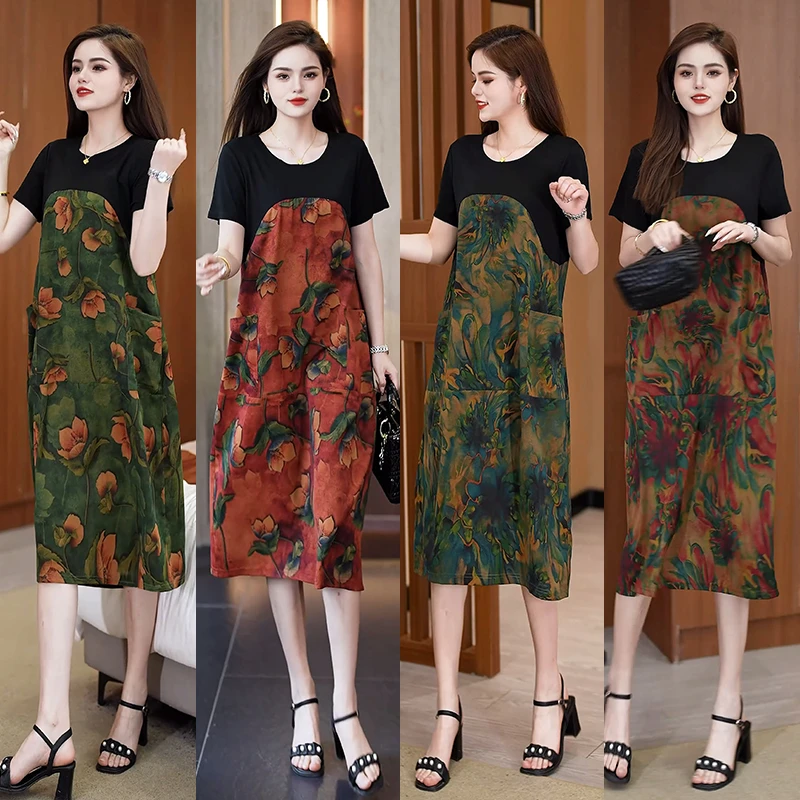 洋气大码薄款时尚宽松印花假两件中老年遮肉显瘦中长款妈妈连衣裙