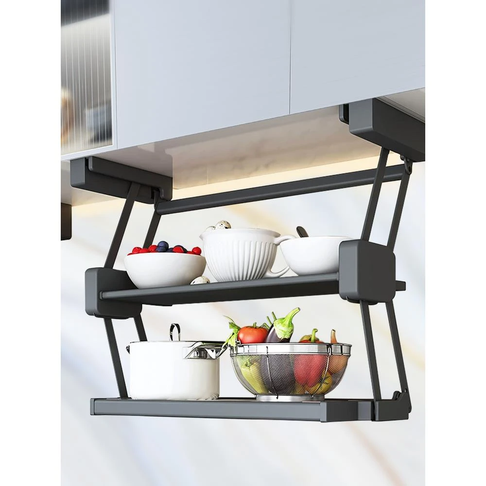 厨房吊柜折叠备菜置物架下拉备菜架双层碗碟调料瓶架伸缩太空铝