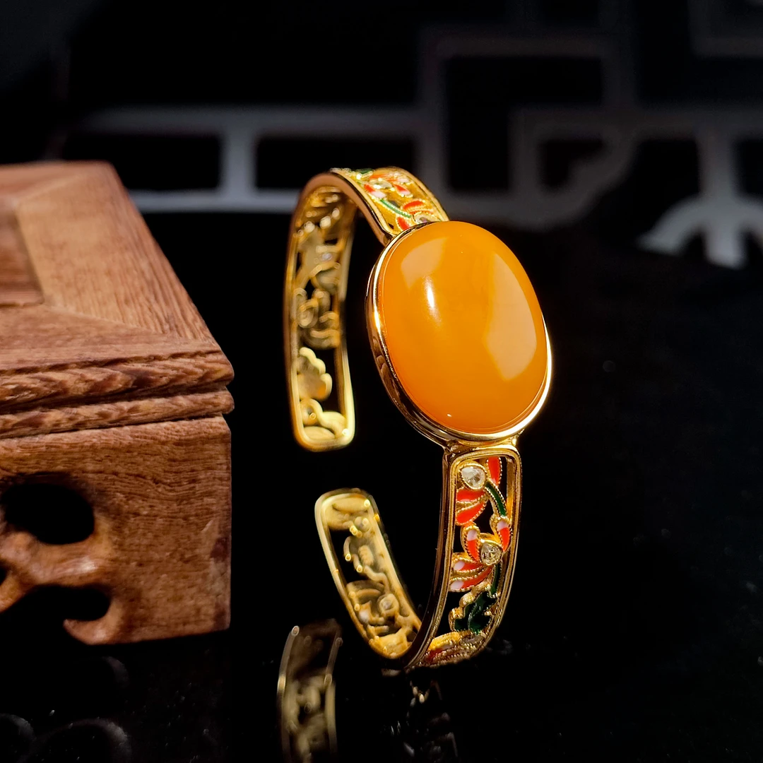 【母亲节专享】S925银镶老蜜蜡金泰蓝蛋面开口手镯