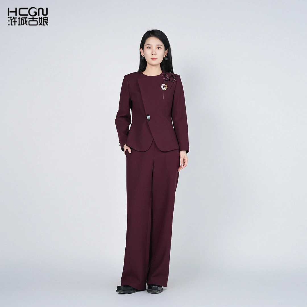 浒城古娘国风刺绣气质女百搭丹颖西服套装HASS180013+HASS090006