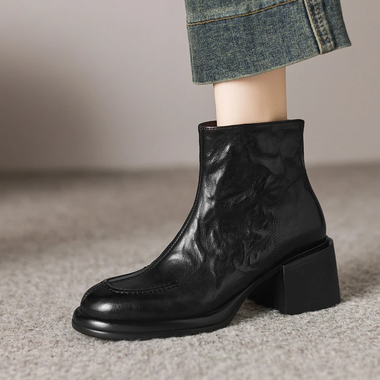 【6cm】~英伦风厚底圆头粗跟马丁靴女真皮复古气质通勤百搭高跟短靴