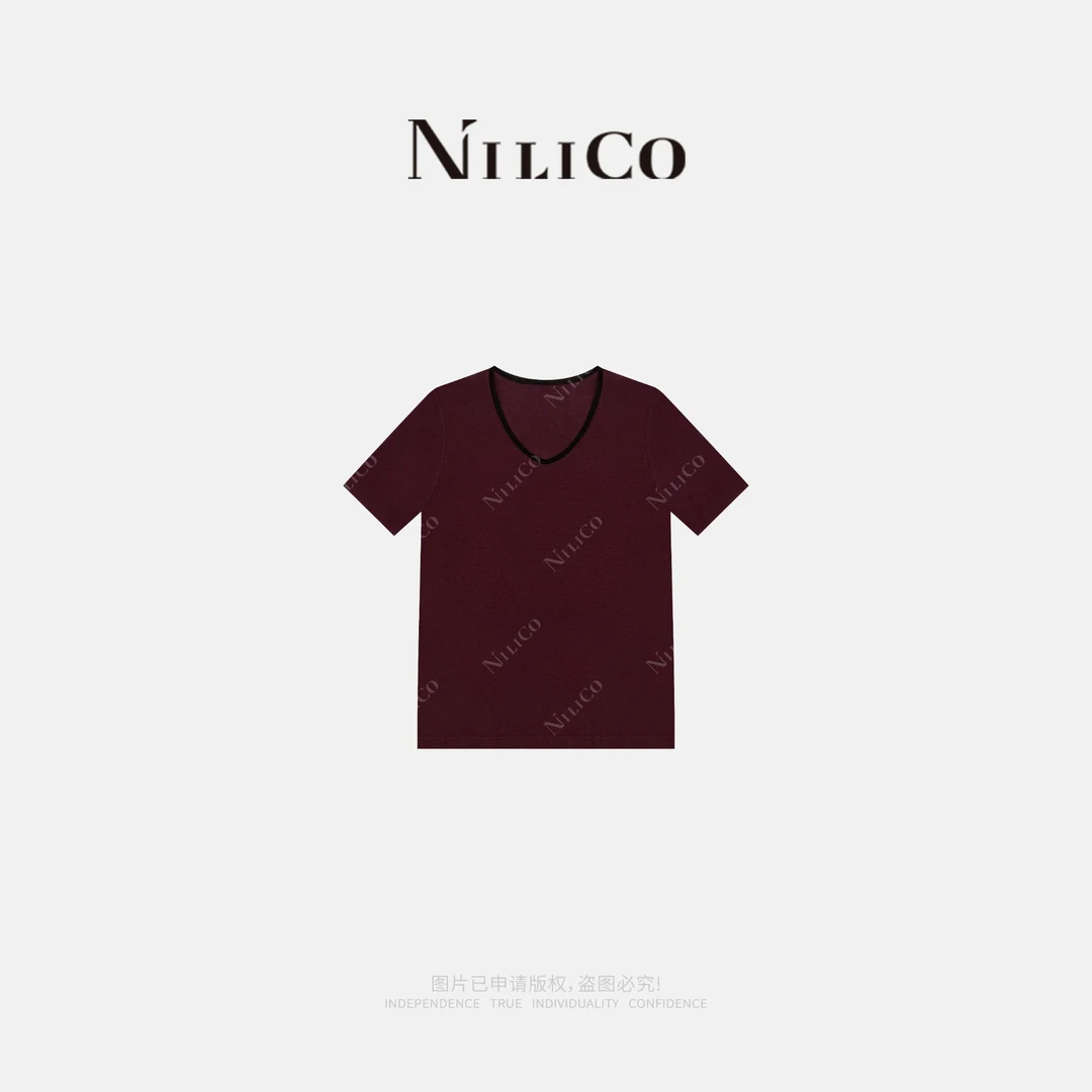 NILICO【花间露】天丝羊毛小V领撞色包边设计收腰显瘦百搭T恤夏季