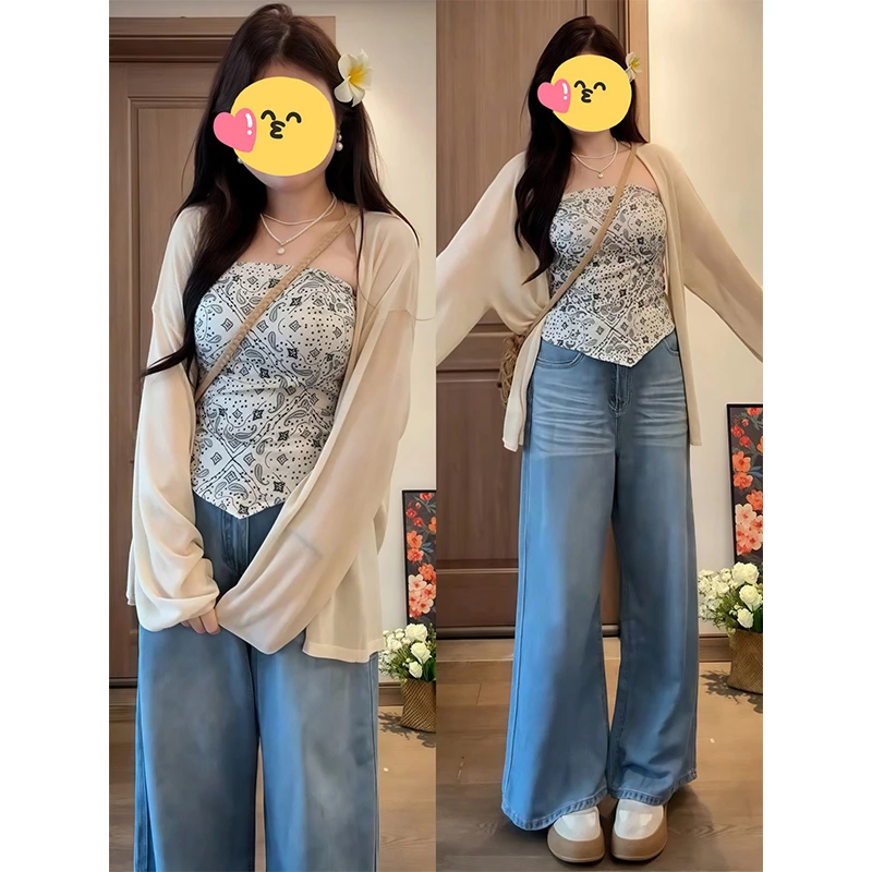 大码女装抹胸吊带防晒开衫两件套夏季新款胖mm巨显瘦穿搭一整套装