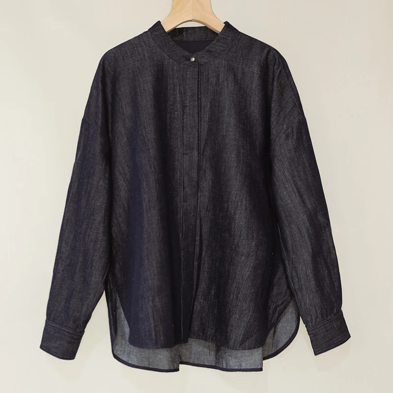 【正正好】肌理感深蓝牛仔立领长袖衬衫女休闲复古宽松百搭外套