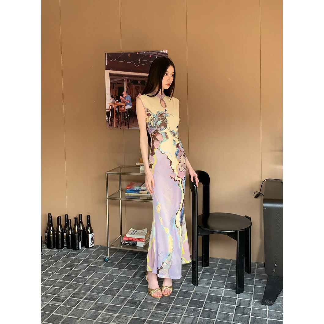 新中式印花旗袍连衣裙女前后两穿网纱背心长裙