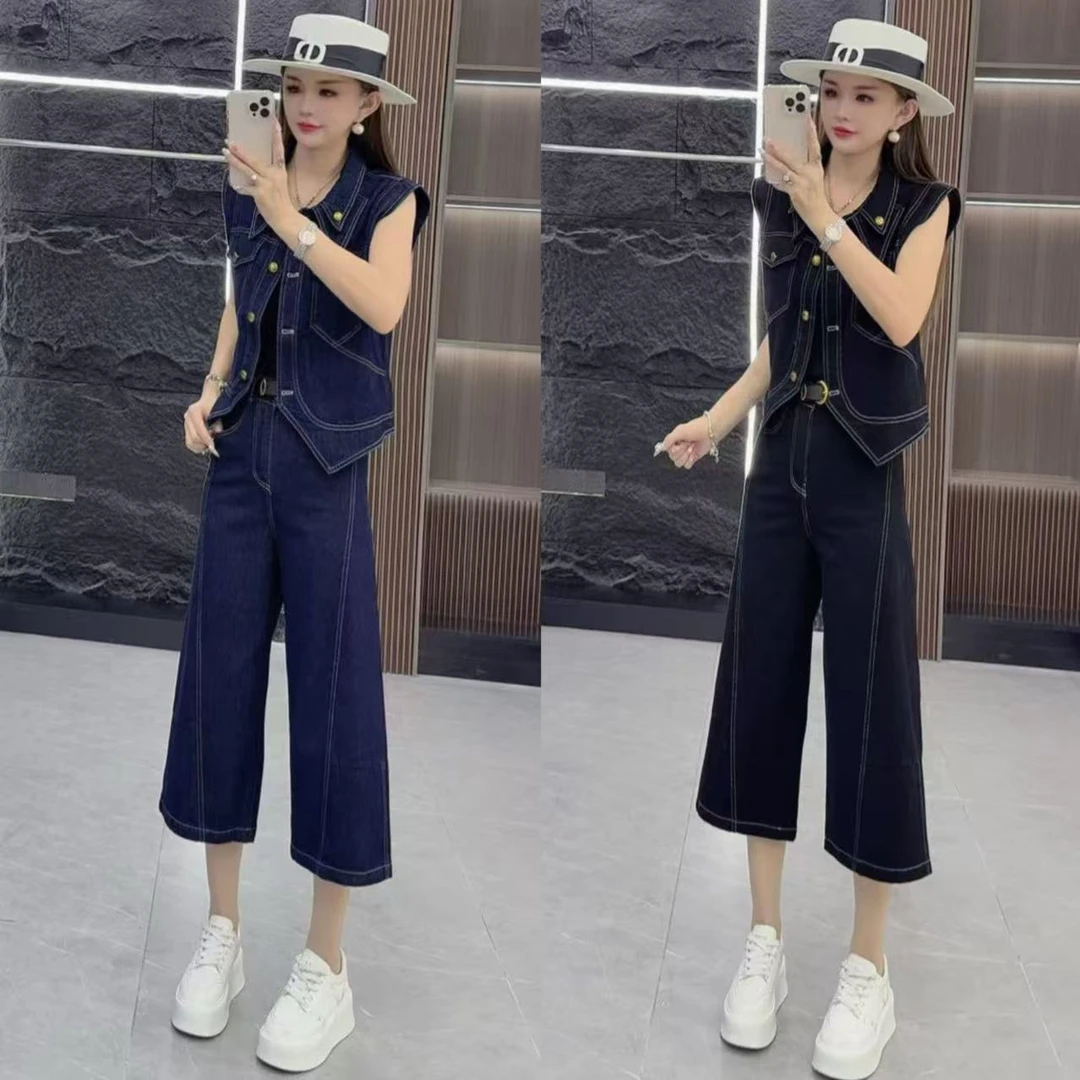 精品0905 设计感重工翻领牛仔马甲 加 阔腿裤 两件套