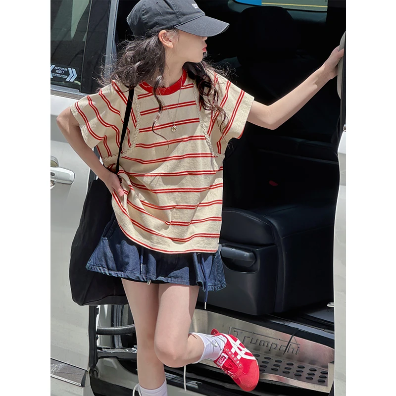 K28952花边编织女童短袖T恤2025新款夏装儿童休闲条纹上衣服洋气t