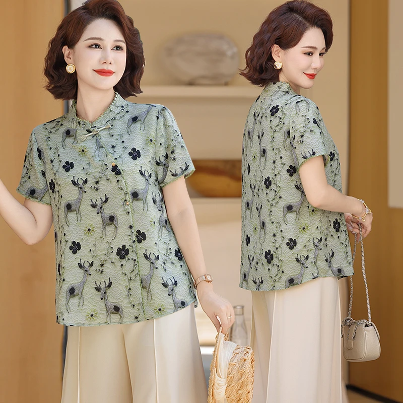 妈妈夏装2025新款时尚洋气套装小衫中老年女装大码宽松上衣两件套