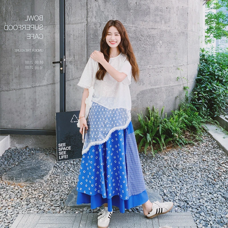 森系小清新叠穿套装裙2025女夏新款韩系不规则蕾丝罩衫碎花半身裙