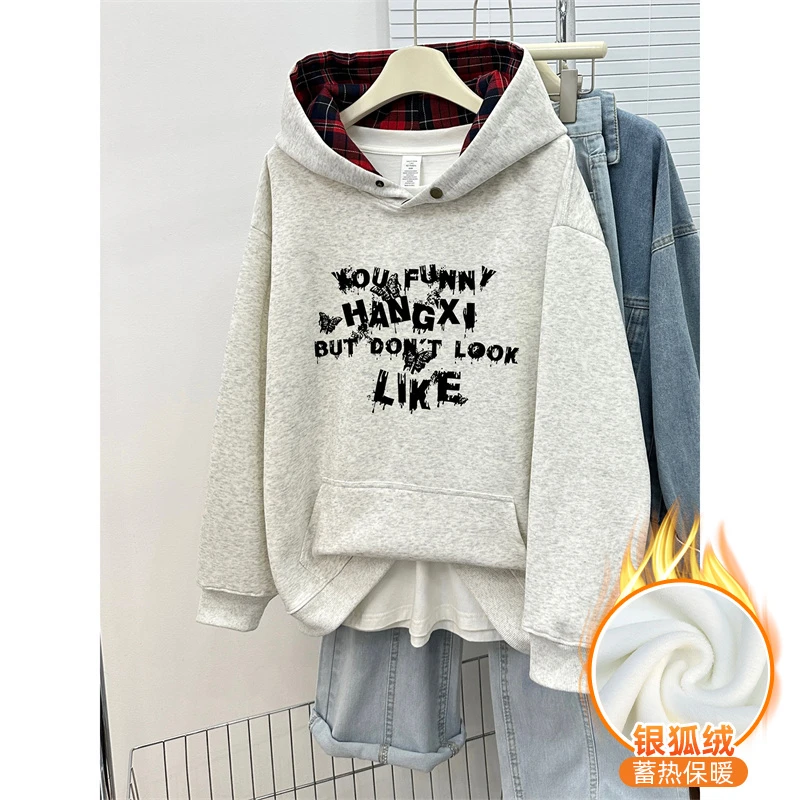 美式字母印花纽扣拼接格子连帽卫衣女秋冬加绒宽松大码慵懒风外套