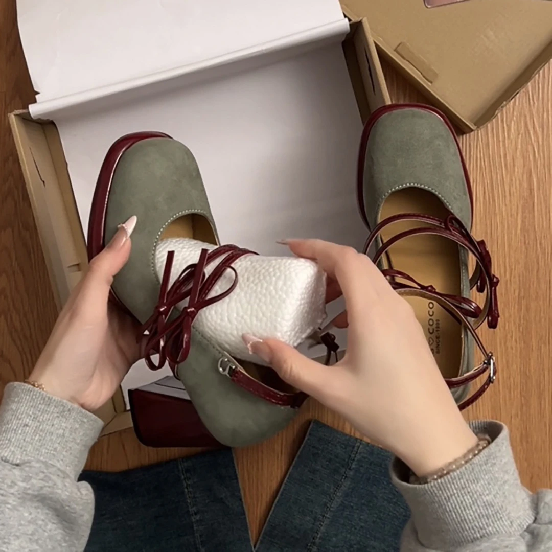 南在南方法式粗跟红底高跟鞋女2025新款春秋增高小个子玛丽珍单鞋