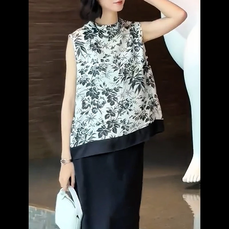 新中式复古花高级感无袖背心大码女装文艺气质宽松上衣年夏季