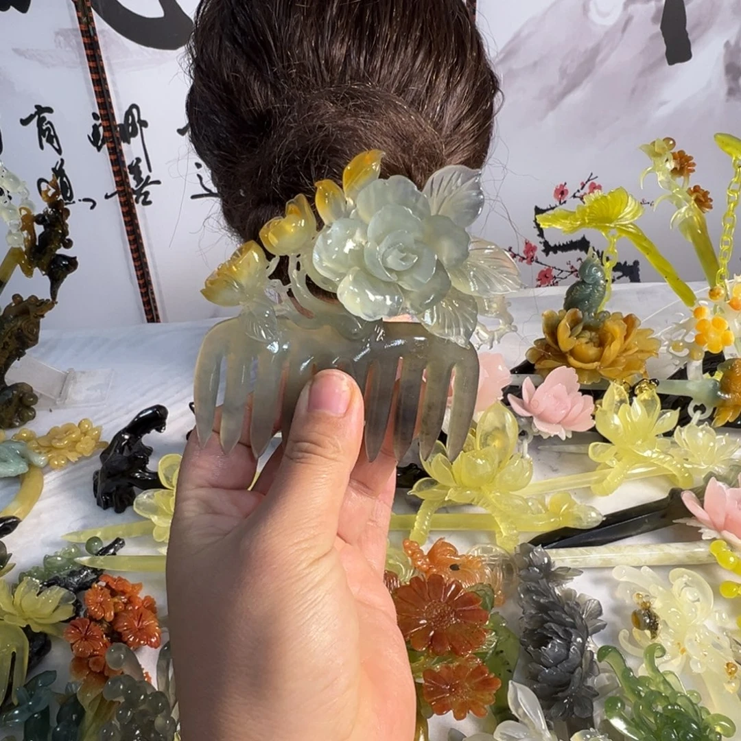 凝***心定制蛇纹石玉毛货发饰