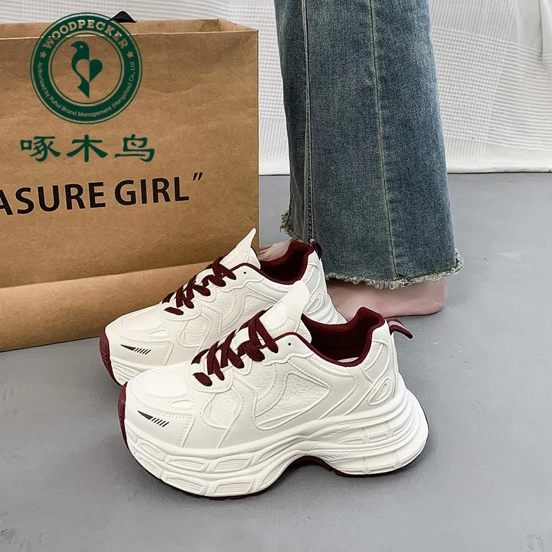 啄木鸟爆款厚底老爹鞋女2025春季新款百搭增高小白鞋女休闲运动鞋