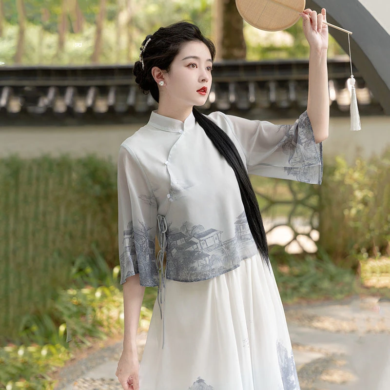 汉元素改良日常汉服国风裙女2025夏新款雪纺宽松唐装中式茶艺套装