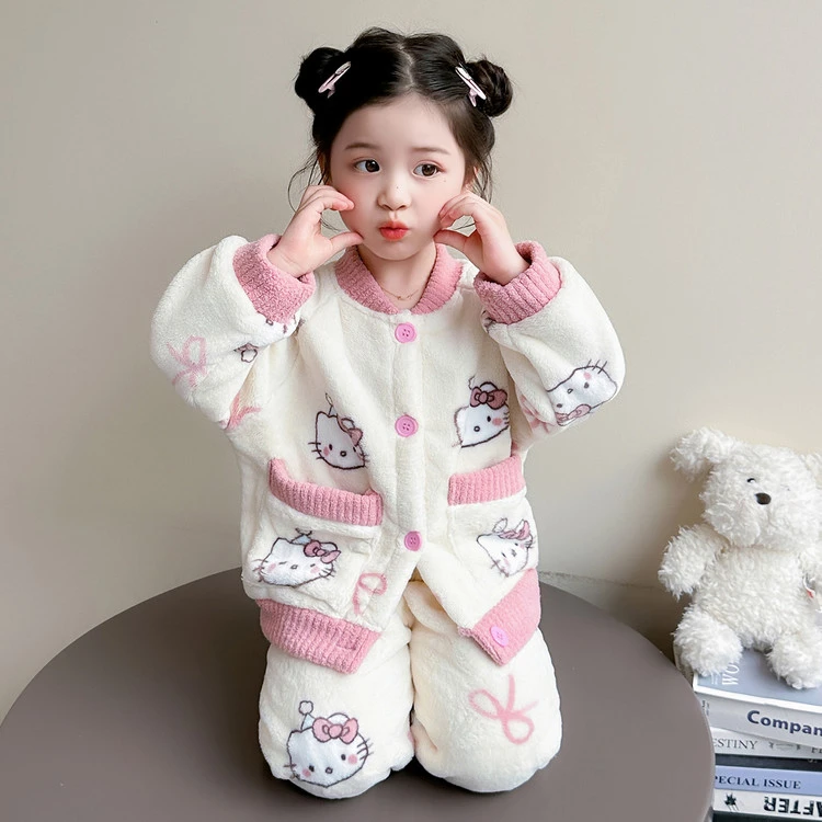 儿童睡衣女童法兰绒2025新款女宝宝秋冬加厚KT猫家居服小女孩套装