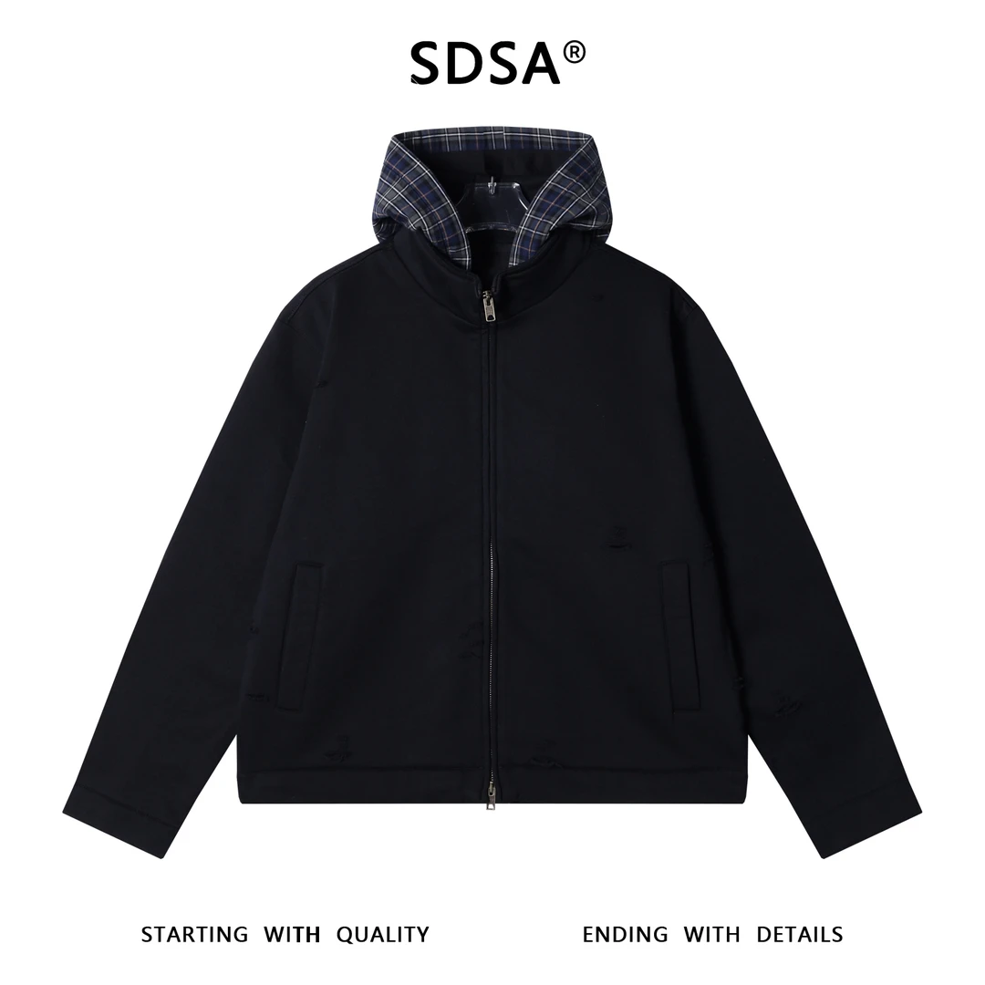 SDSA男士秋冬新款痞帅男装时尚拼接磨破立领拉链连帽卫衣时尚外套