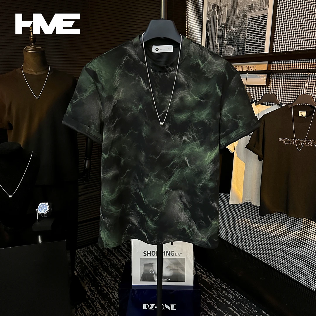 【季末5折】夏季原创撞色晕染艺术纹理图案设计冰感棉圆领短袖T恤男