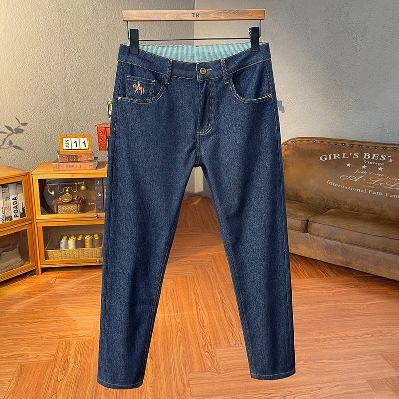 秋季轻奢男士深蓝牛仔裤时尚潮牌修身小脚裤百搭休闲中腰弹力长裤