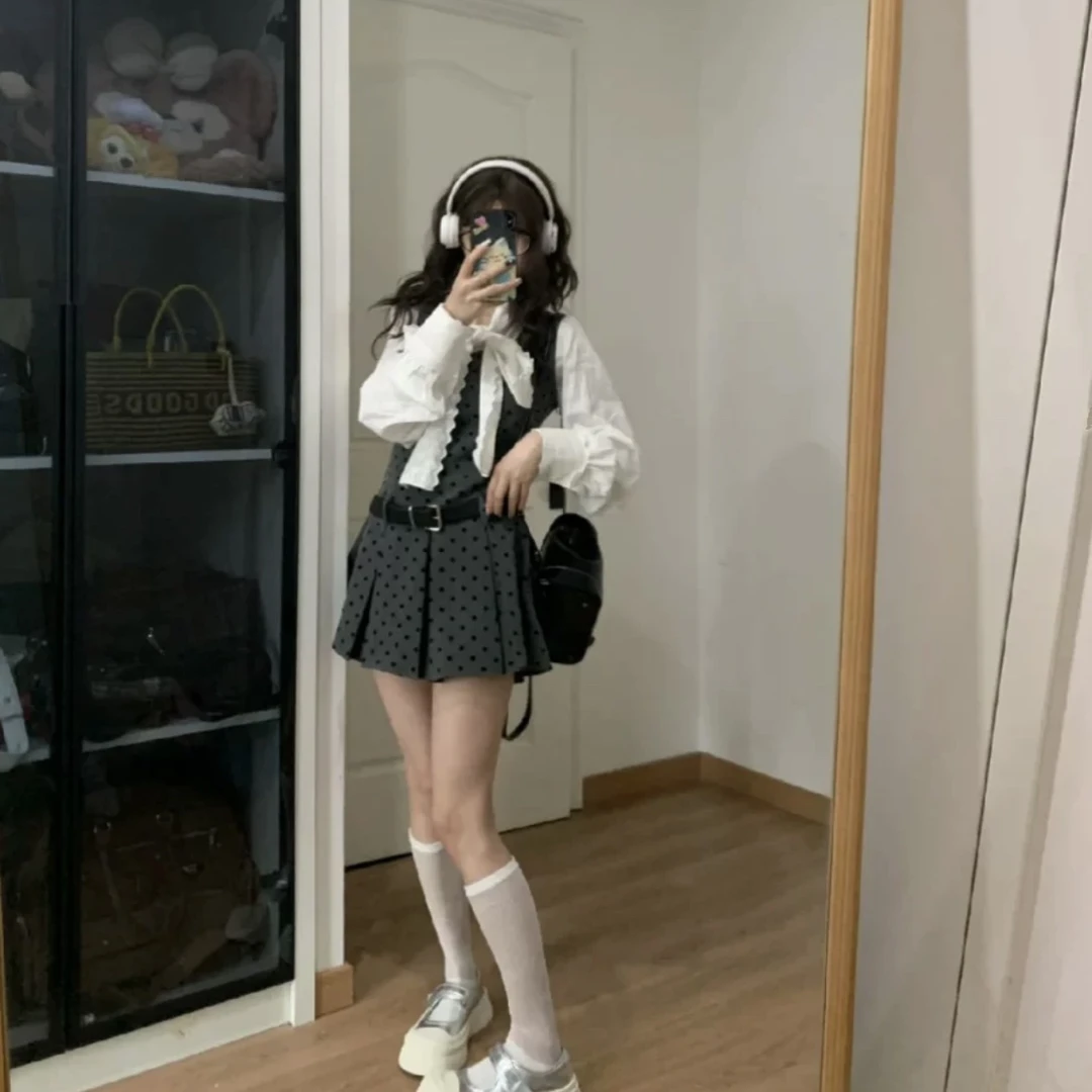 学院风氛围感穿搭一整套装女秋白衬衫波点百褶吊带裙6296