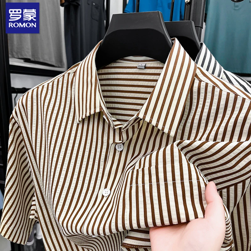 罗蒙夏季男士时尚简约条纹撞色男士衬衫潮流百搭休闲罗蒙男士衬衫