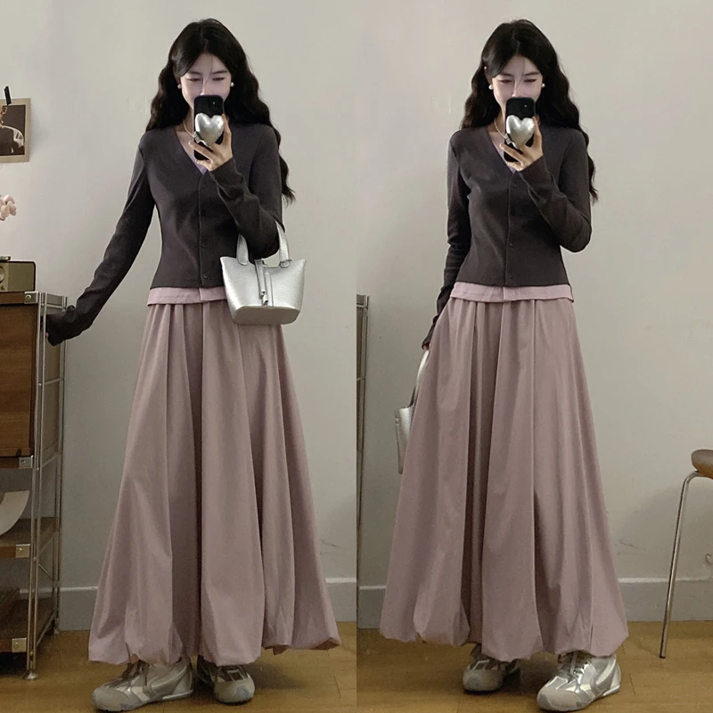 大码胖mm秋季新款长袖韩系假两件显瘦上衣花苞裙遮肉半身裙套装女