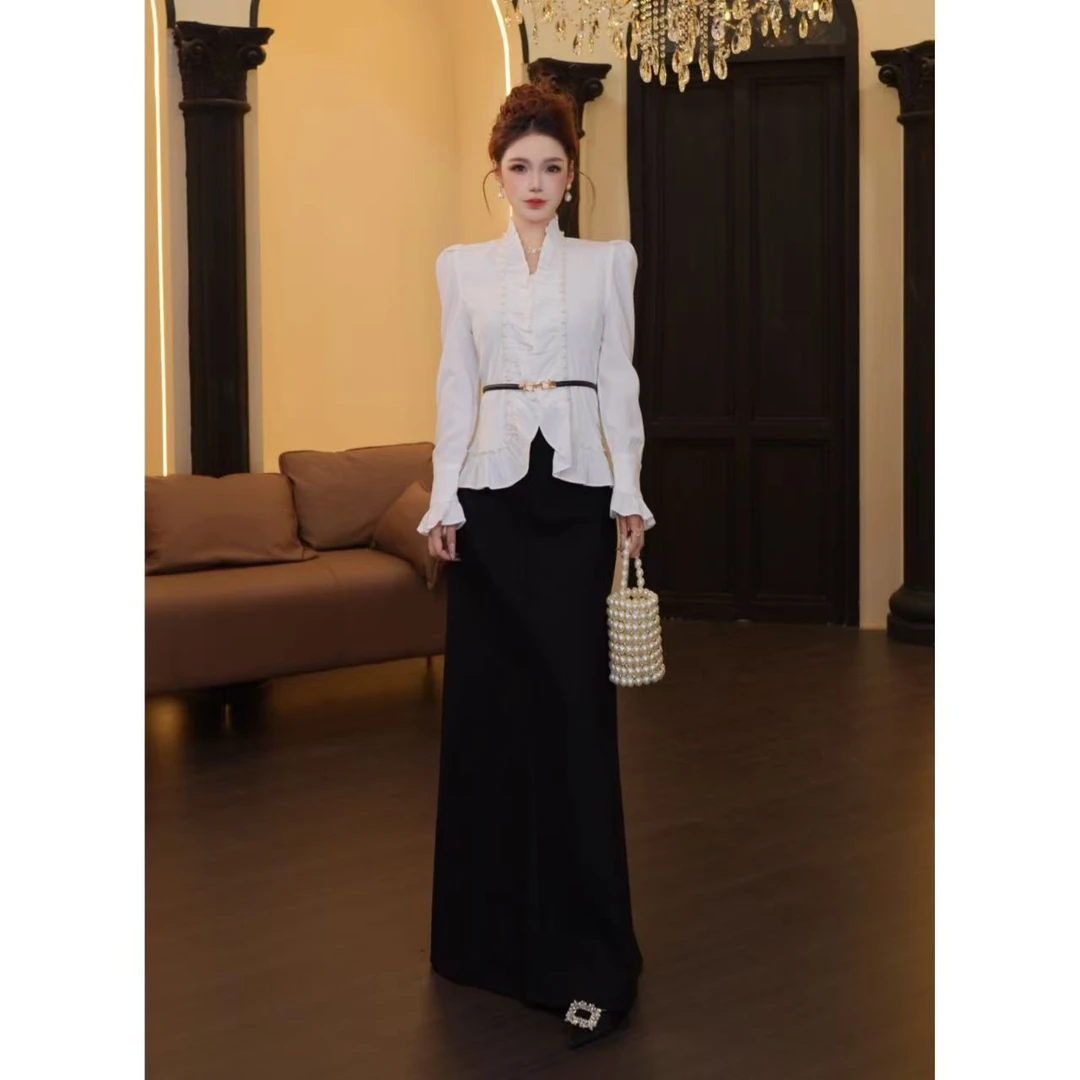 【温迪专属】A-047木耳边春季套装中长款长裙泡泡袖薄款JX180