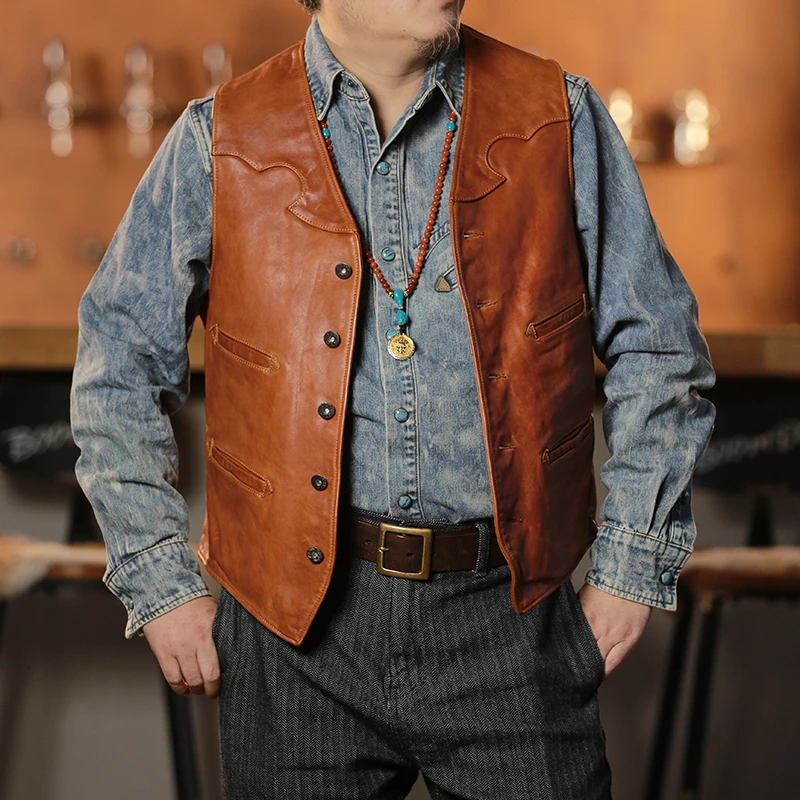 男士经典复古内搭修身V领花边二代牛皮马甲