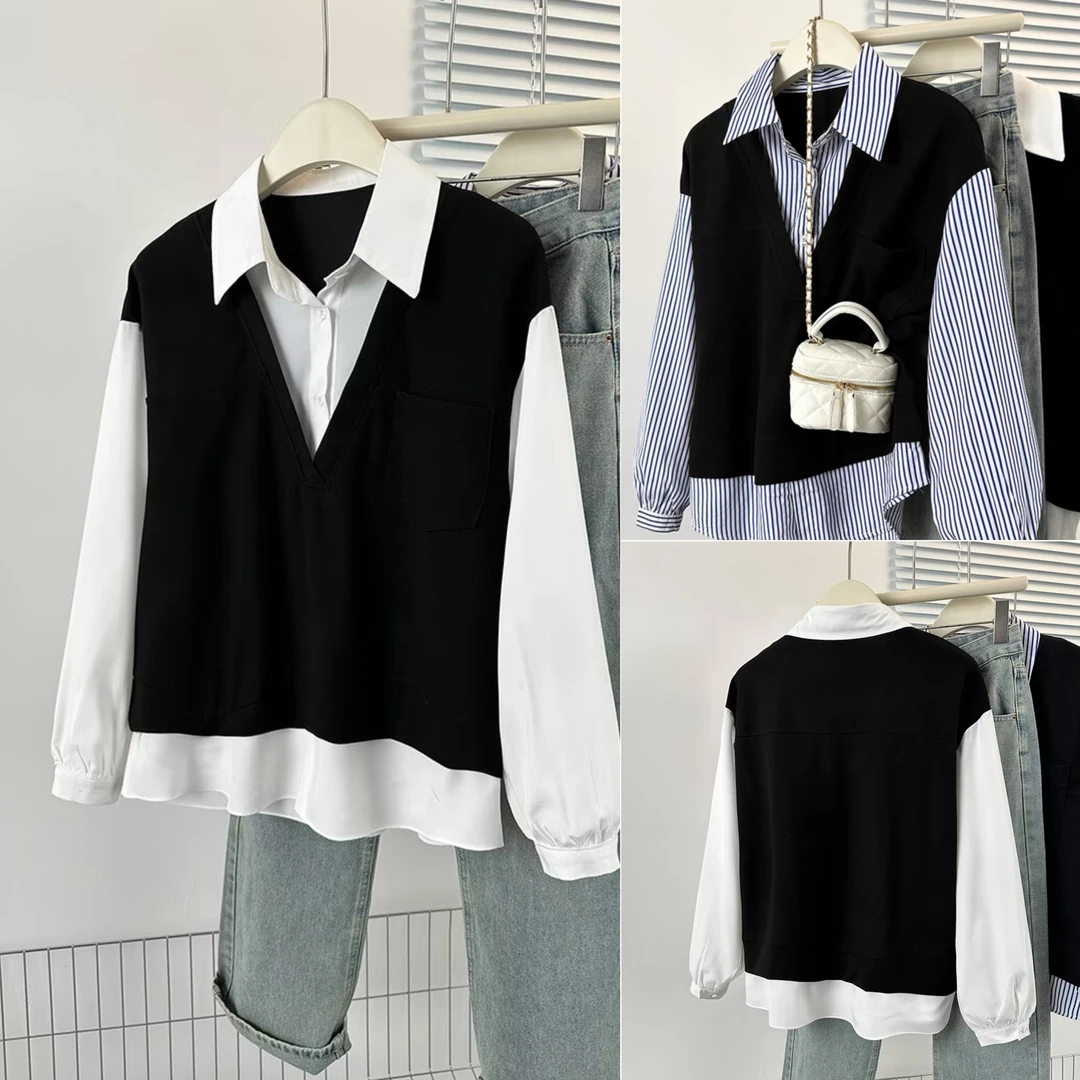 微胖大码女早春新款洋气假两件黑色马甲条纹衬衫遮肉显瘦上衣
