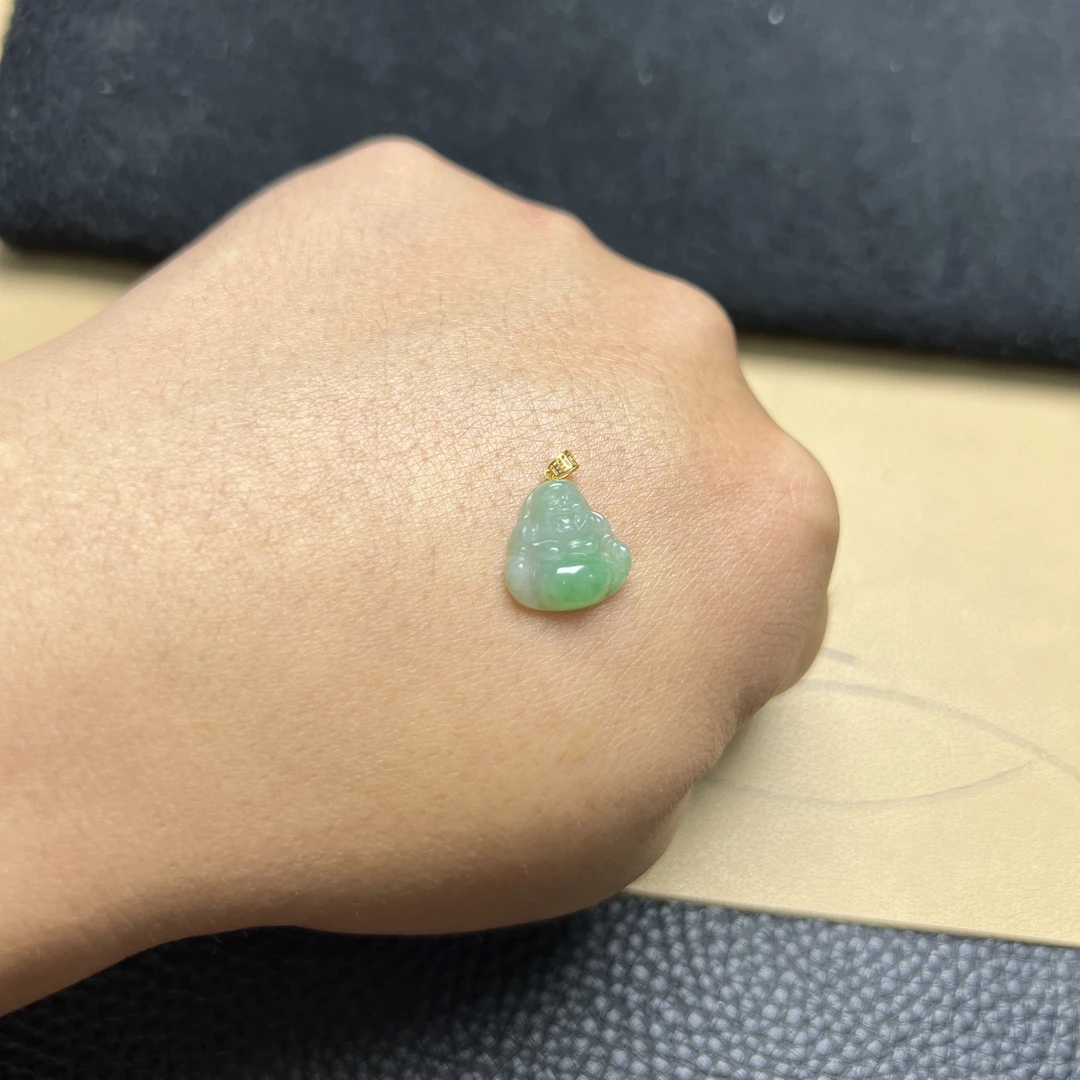 翡翠佛公吊坠飘绿水头好18K金有福相伴好运女士高贵轻奢