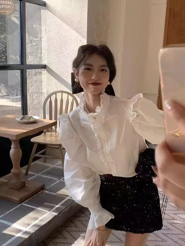 【6588】贝#白色木耳边宽松衬衫上衣