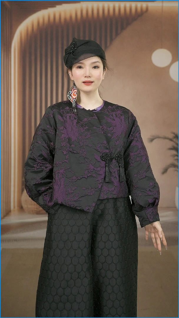 24609-2常规款外套波尔多红复古中式短款百搭休闲时尚提花圆领