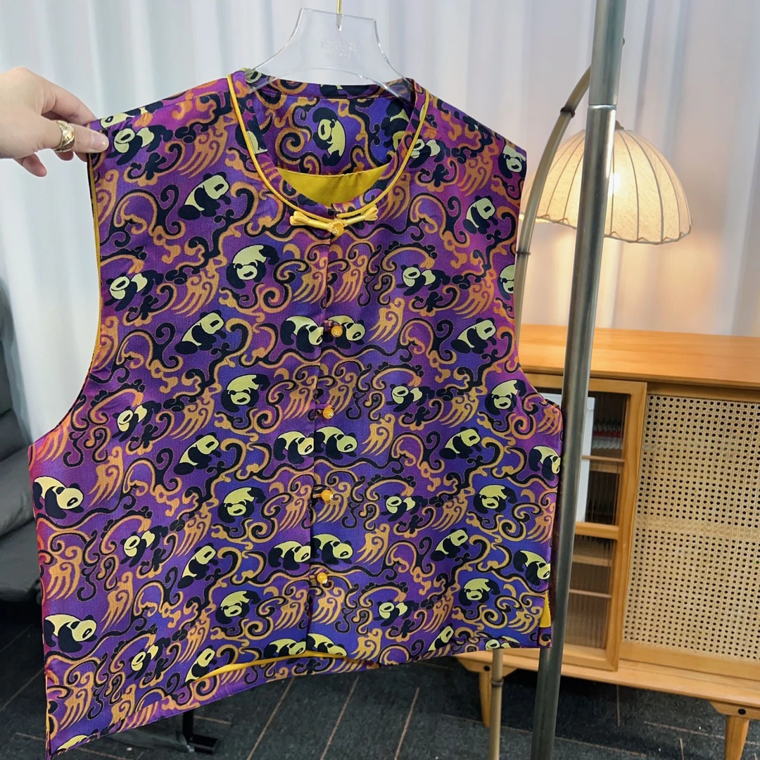 蜀锦桑蚕丝变色熊猫马甲上衣女