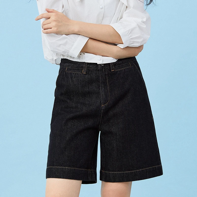 新款黑色牛仔裤百搭五分裤宽松阔腿高腰中裤