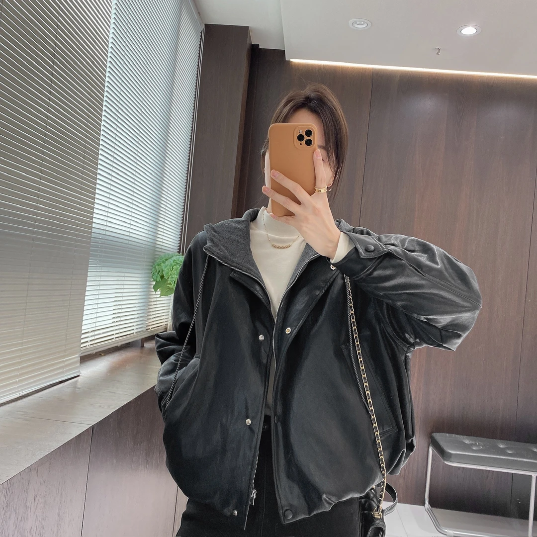 IMFLY金小金自制女装 假两件外套DYW10037秋冬款连帽蛋白皮夹克