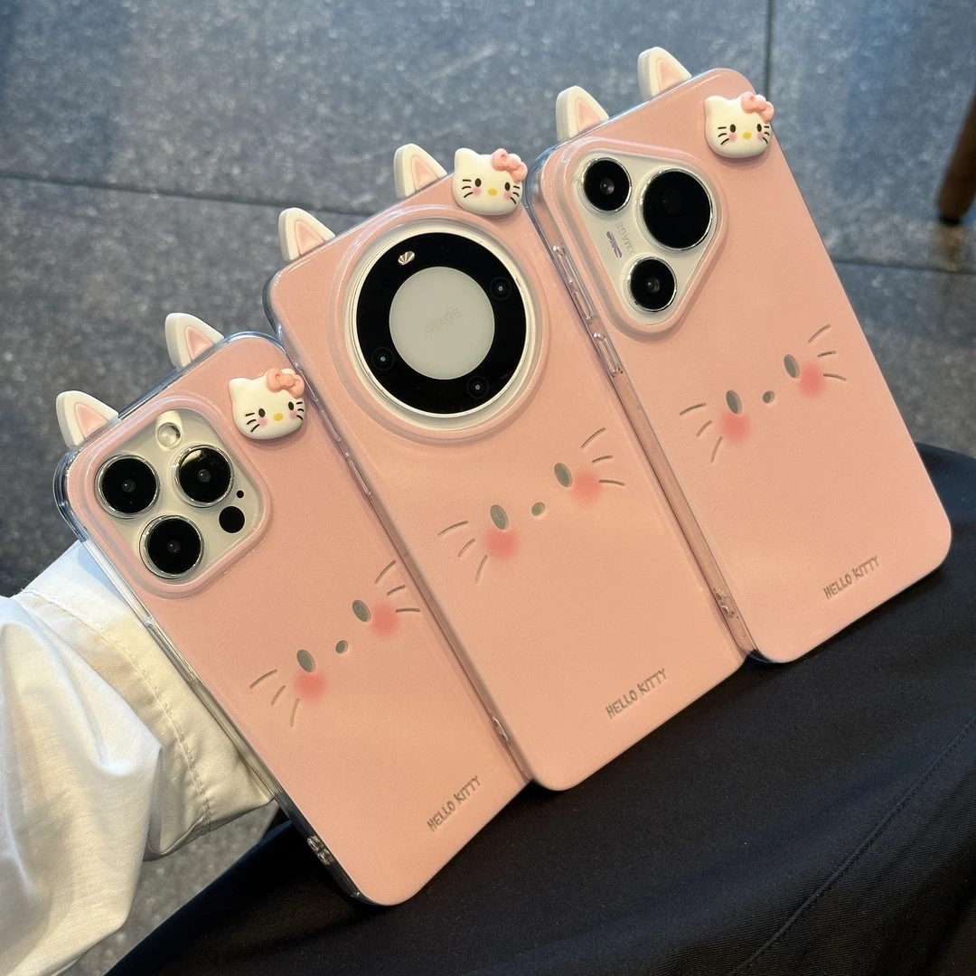 适用粉kitty表情立体耳朵苹果16pro羽纱手机壳华为vivo小米15oppo