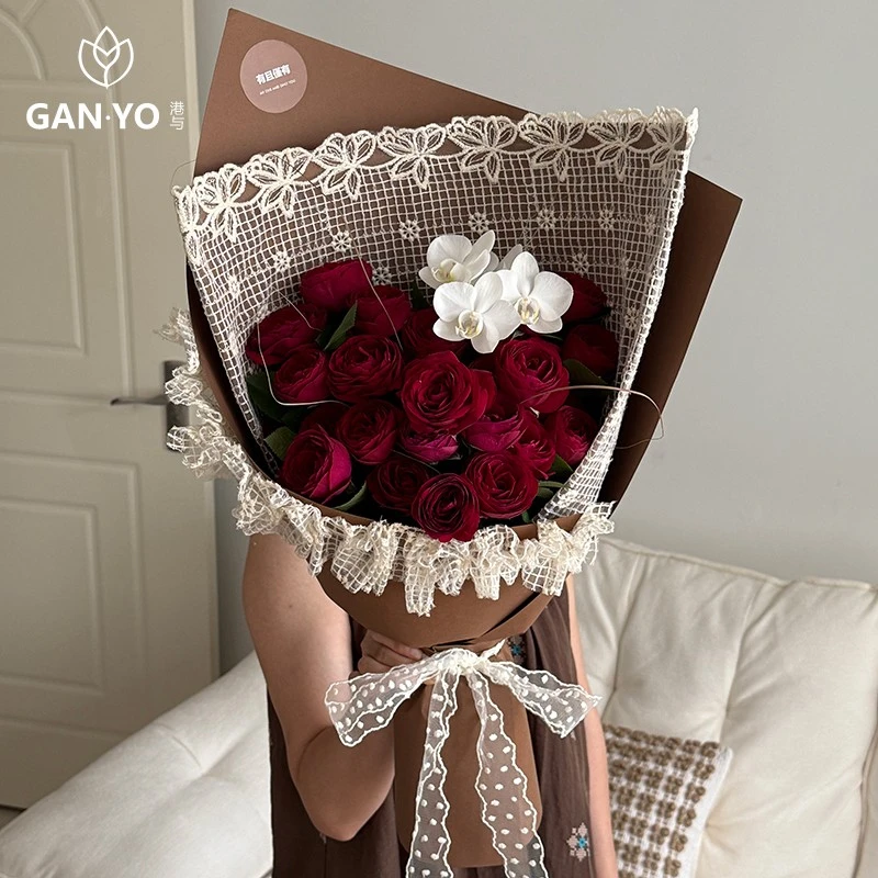 港与 复古花朵蕾丝提花面料鲜花花束包装纸花艺花店包花纸diy材料